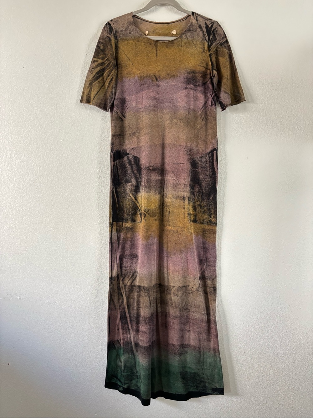 Raquel Allegra Jersey Maxi Dress Pockets Earthy Boho Earth Tones Short Sleeve